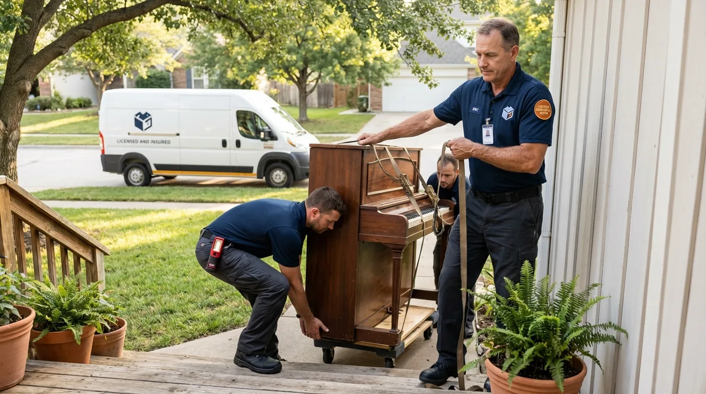 Licensed piano movers securing grand piano in Sealy, TX