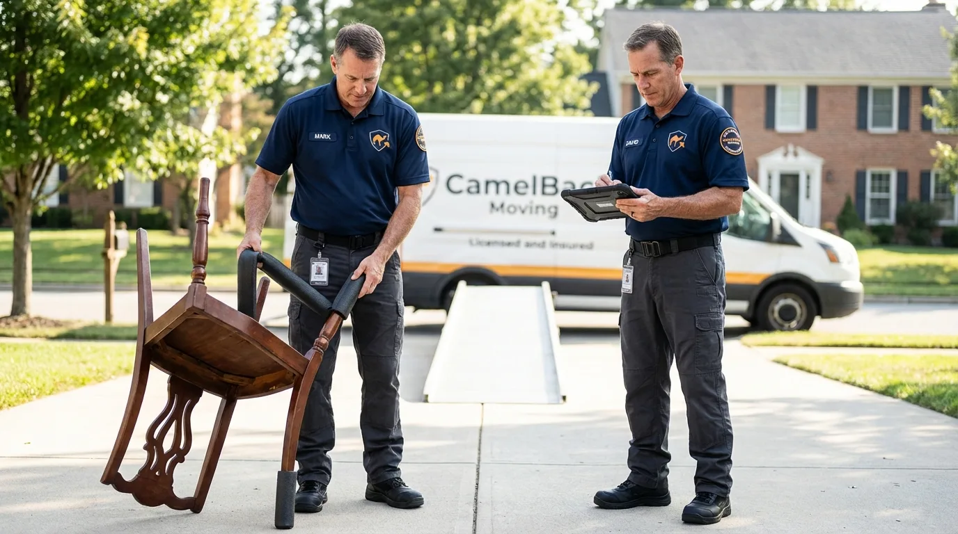 Movers inspecting furniture for damage prevention before loading in Sealy, TX